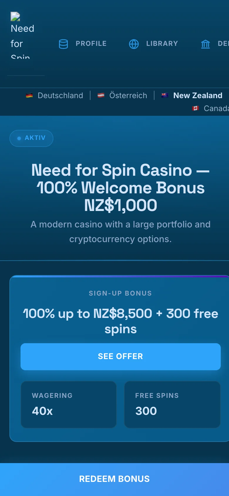Need for Spin Casino mobile lobby screenshot